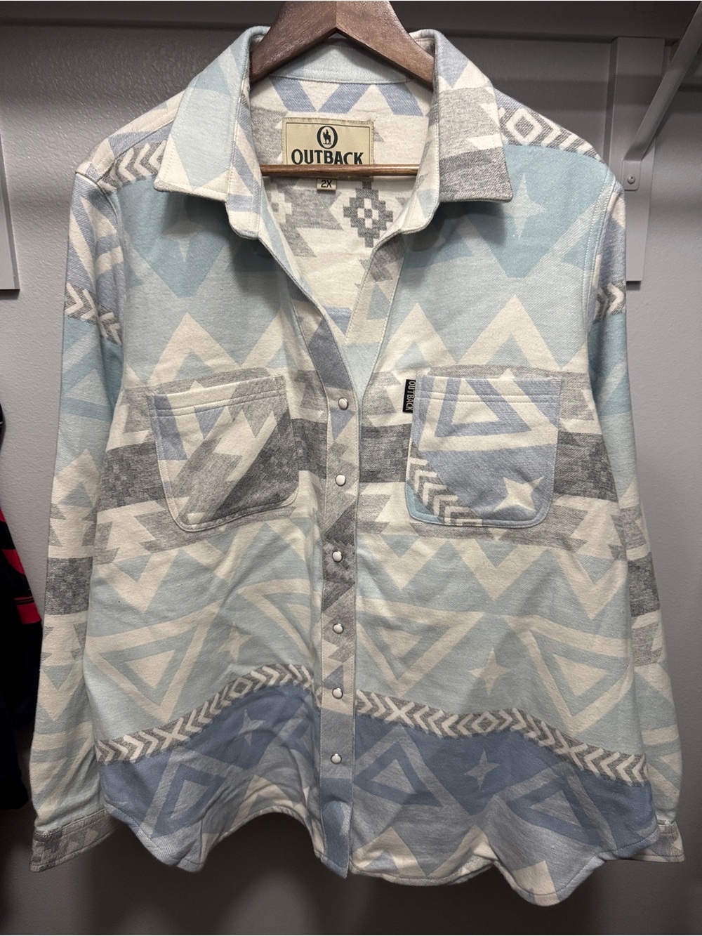 Outback Women's Light Blue Aztec Button-Down Shirt Jacket